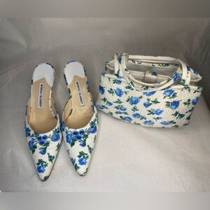Manolo Blahnik Maysale Blue And White Floral Mules With Matching Purse